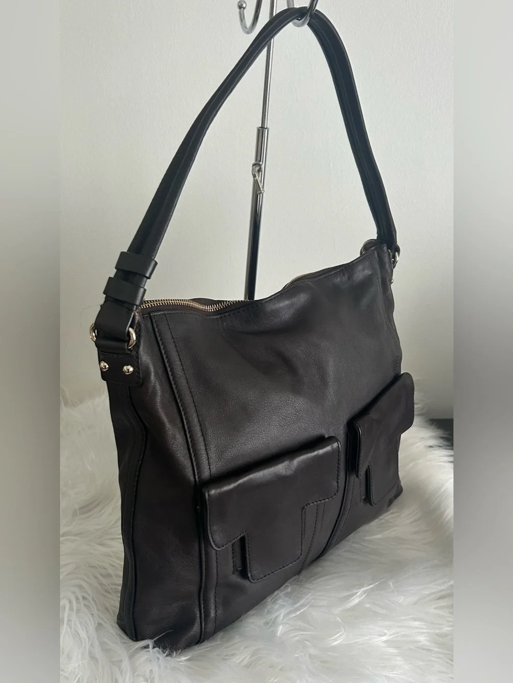 Kate Spade Brown Leather Hobo Shoulder Bag Large Dual Pocket Purse
